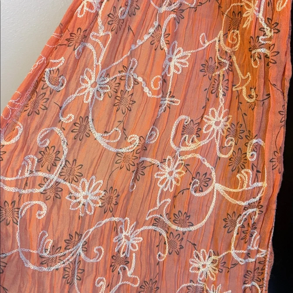 Tickled Pink Orange cream Mesh Crochet Embroidered Floral Scarf Fringe Cotton